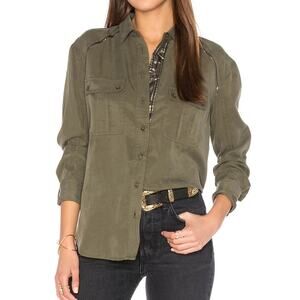 Free People Off Campus Shirt Womens XS Moss Green Tencel Metallic‎ Boho Utility